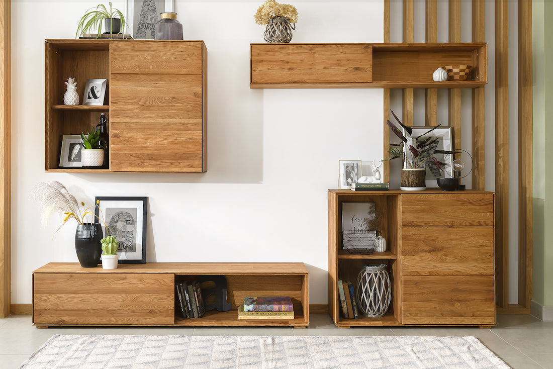 NordicStory, Massivholzmöbel, Eiche, schwebender Kleiderschrank, Möbel, Wohnzimmer, Schlafzimmer, Ausziehtisch, Esstisch, TV-Schrank, Sideboard, Konsolentisch