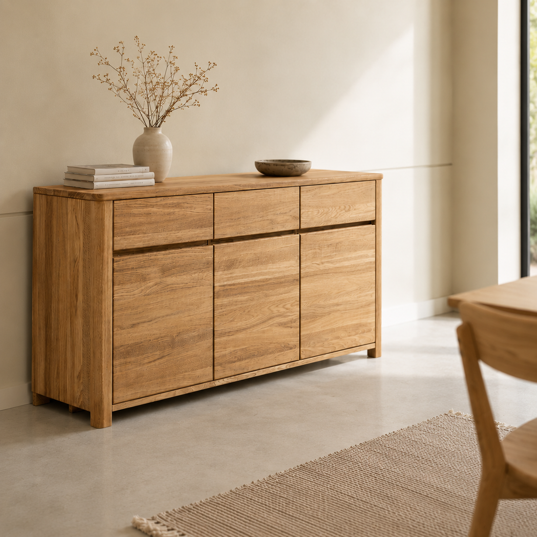 Sideboard aus massiver Eiche mit drei Türen und drei Schubladen in einem hellen Esszimmer