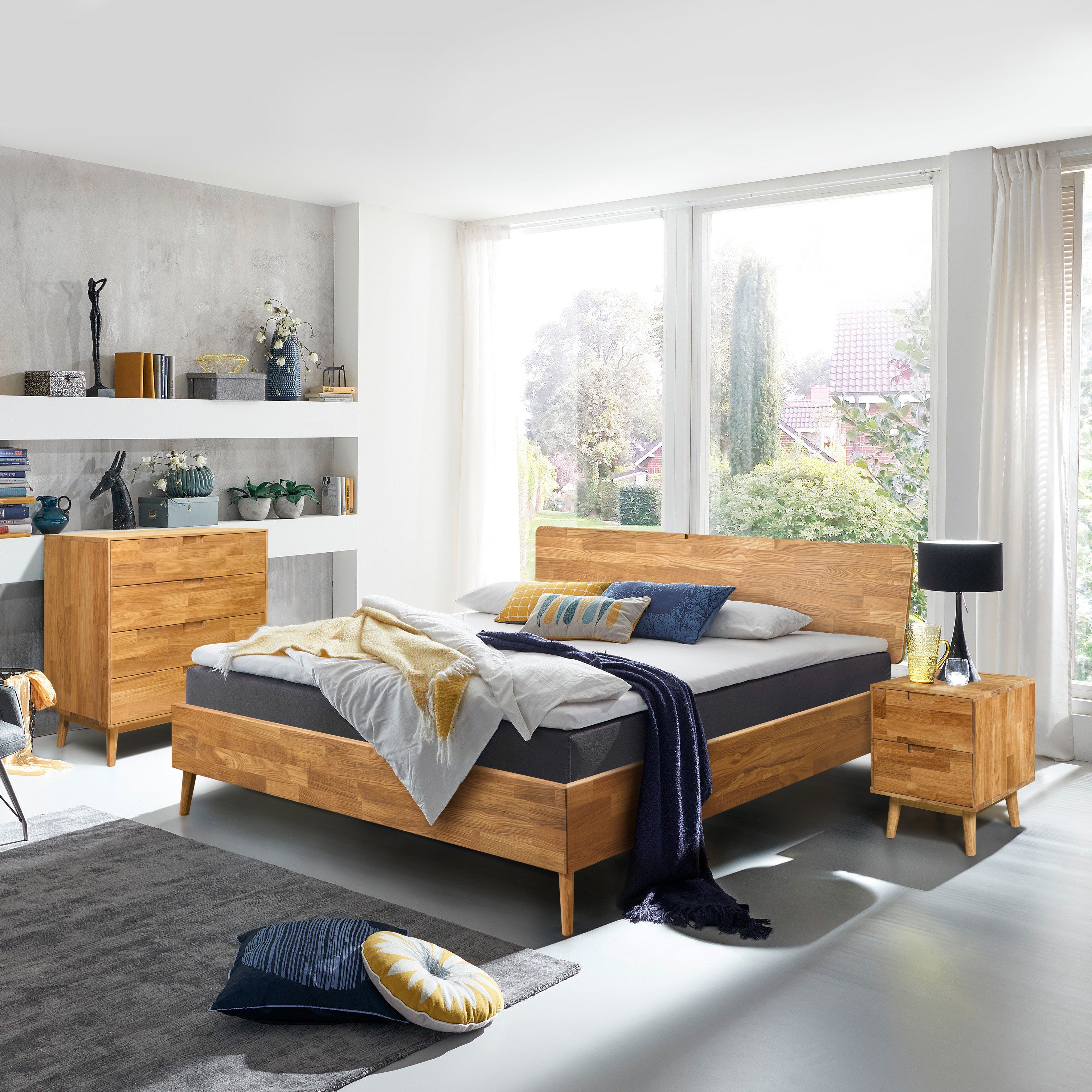 NordicStory, Eiche massiv, Schlafzimmer, Bett, Kopfteil, Nachttisch, Nachttisch, Beistelltisch, Kommode, Anrichte, Sideboard