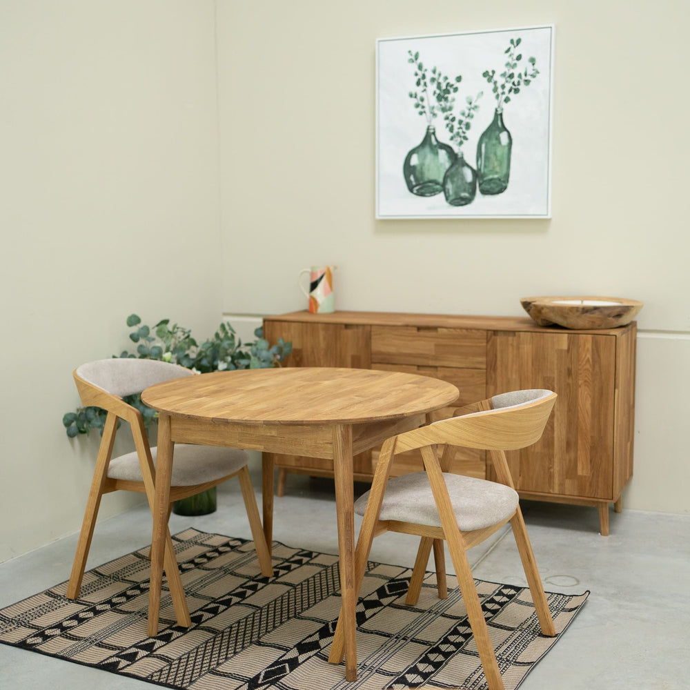 Runder ausziehbarer Esstisch aus massiver Eiche Escandi 3, 100-130 x 100 x 75 cm | NordicStory