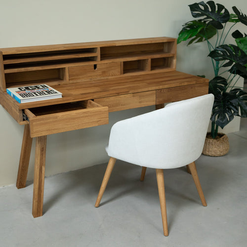 NordicStory Einstein 2 Schreibtisch aus massiver Eiche mit schwebendem Regal 140 x 55 x 106 cm.