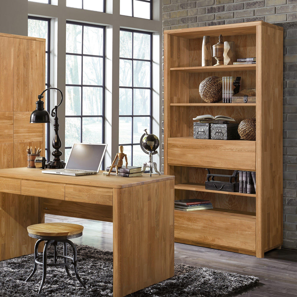 NordicStory Elsa 2 Bücherregal Elsa Wandregal mit 2 Schubladen Massivholz Eiche Natur Nordisch Skandinavisch Nordisch Wohnzimmer Büro